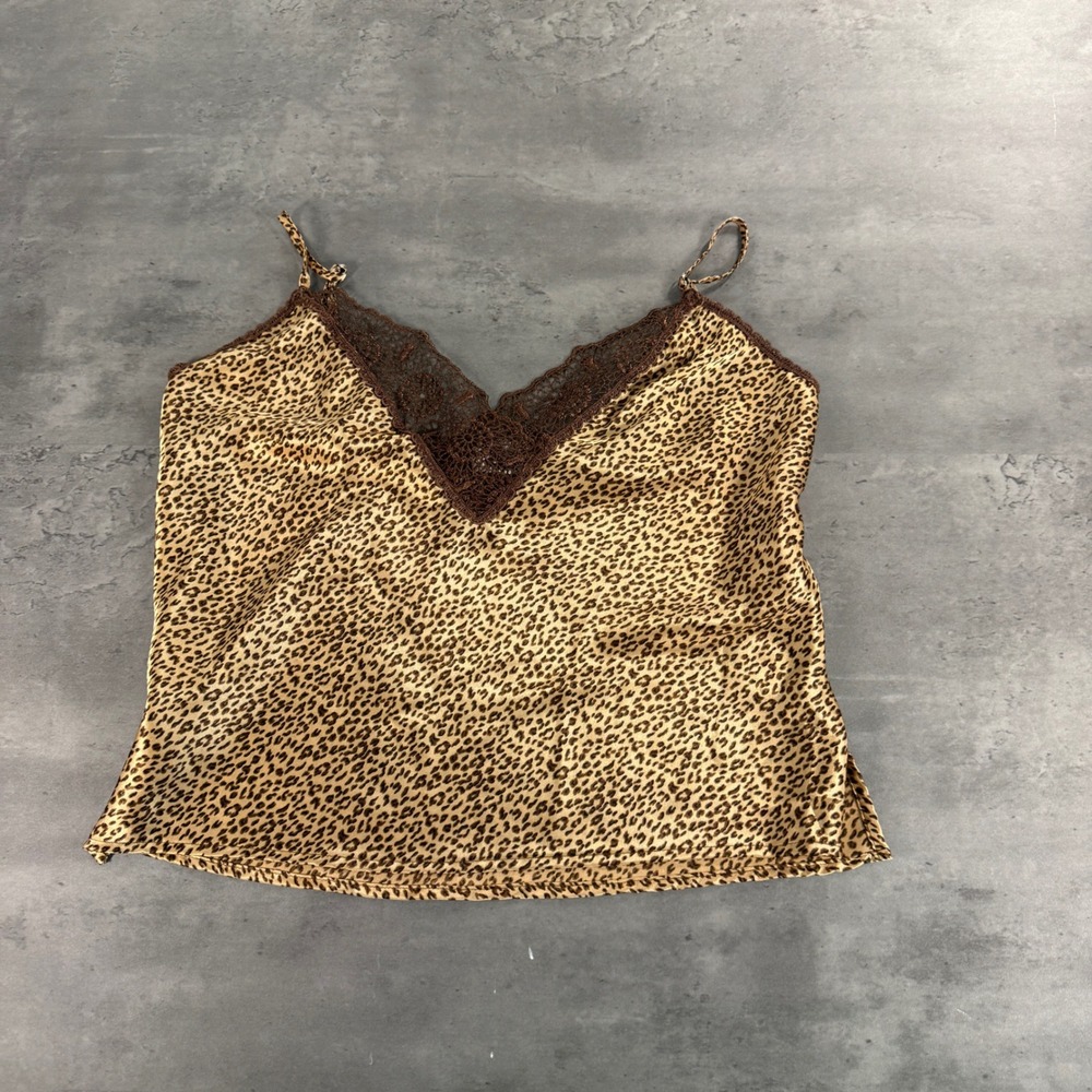 Vintage Cinema Etoile Camisole S Brown Leopard Print Lace Trim Satin Cami Slip